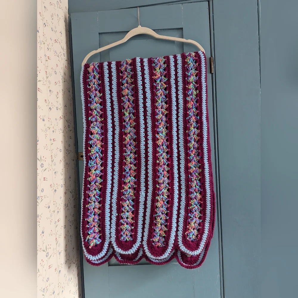 💙 Burgundy Afghan Hand Crochet Multicolor Couch Throw Blanket Rectangle